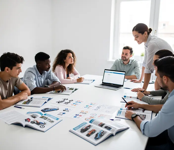 Realistic photo of a driving theory lesson in France with diverse young adults studying different driving license categories (car, motorcycle, boat) around a table, open code de la route book in French, laptop and printed documents visible, bright modern classroom, natural daylight, professional and focused atmosphere, sharp focus, no logo, no text
