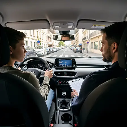 Realistic photo of a young adult student driving a car during a driving lesson in France, instructor sitting in the passenger seat, urban environment, natural daylight, focused and calm atmosphere, modern car interior, sharp focus, no logo, no text
