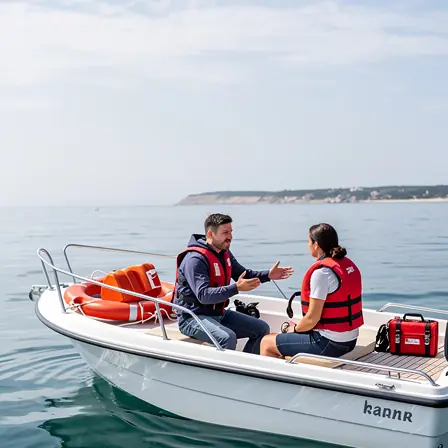 Realistic photo of a small motorboat training session in France, instructor explaining navigation rules to a student on board, open water setting, safety equipment visible, natural daylight, calm and professional atmosphere, sharp focus, no logo, no text
