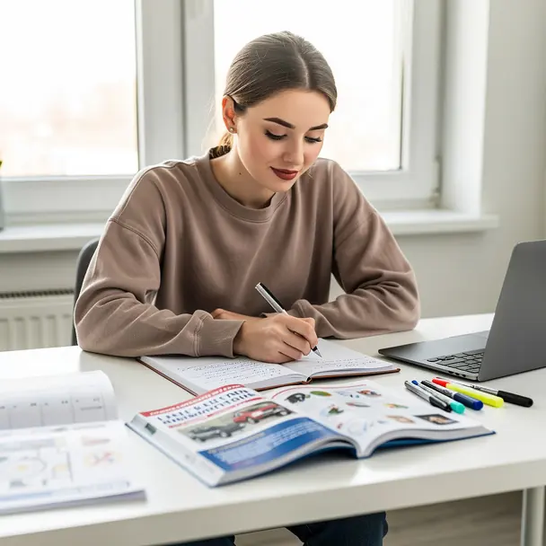 Realistic photo of a young adult candidate studying driving theory at a desk with notebook, driving code book in French, laptop and calendar planning visible, bright natural light, organized workspace, focused and motivated atmosphere, sharp focus, no logo, no text
