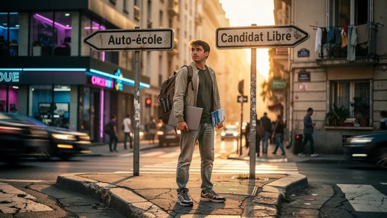 Jeune candidat libre face au choix difficile entre auto-école traditionnelle et apprentissage autonome