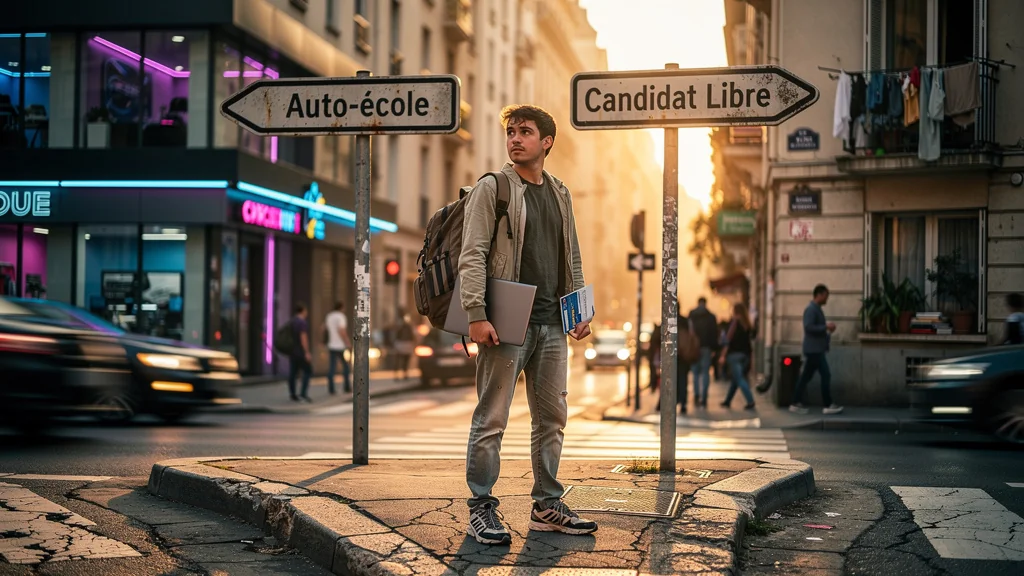 Jeune candidat libre face au choix difficile entre auto-école traditionnelle et apprentissage autonome