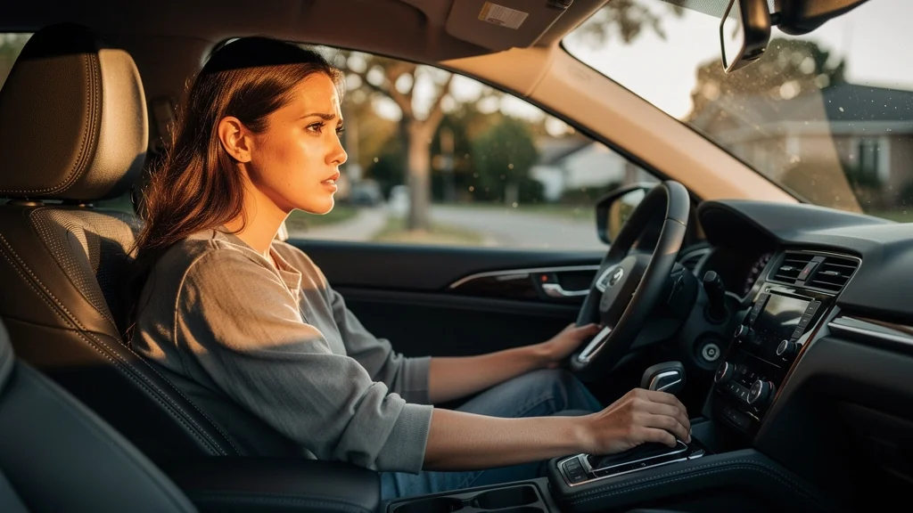 Conductrice anxieuse au volant d’une voiture boite auto, moment de confiance retrouvé après 10h d’apprentissage