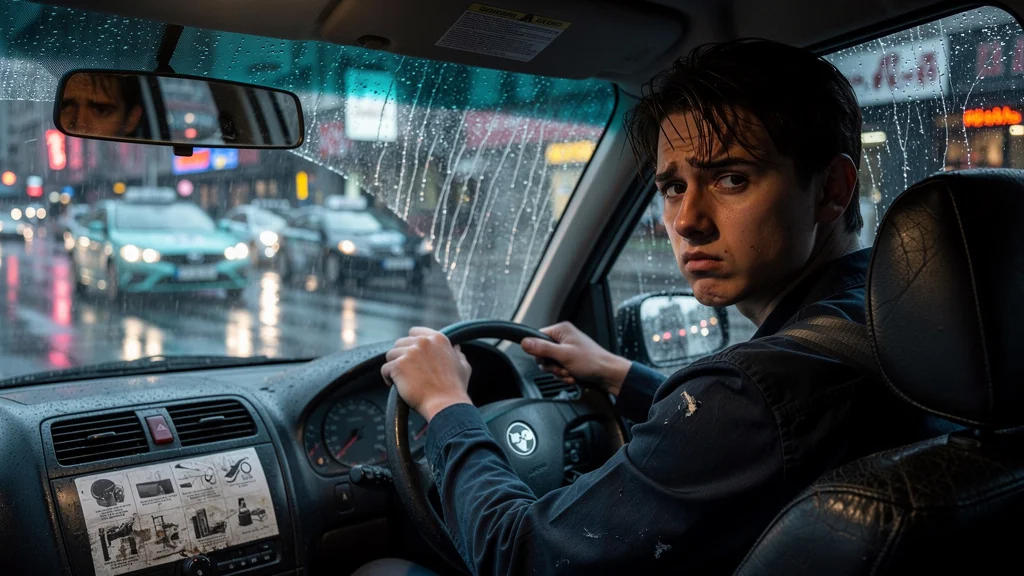 Jeune conducteur regrettant son choix d’auto-école low-cost dans une voiture usée sous la pluie