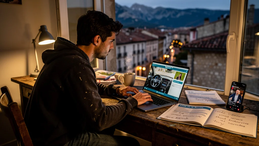 Jeune étudiant suivant une auto-école en ligne à Pau avec vue sur les Pyrénées au crépuscule