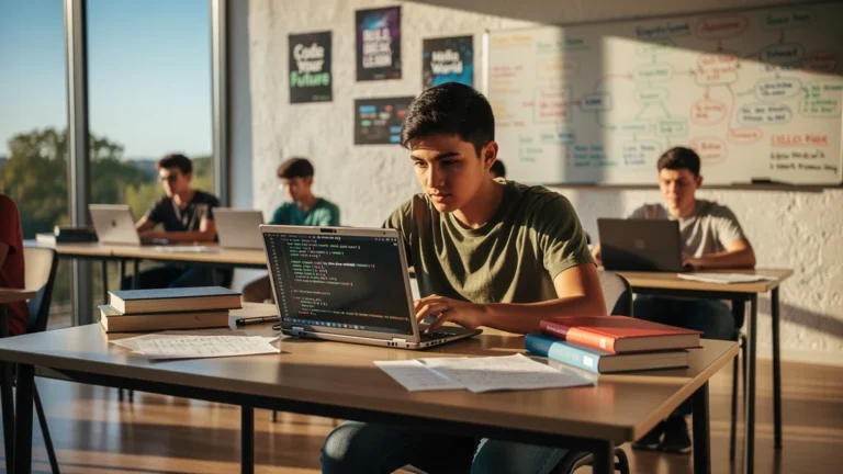 Jeune de 17 ans concentré en formation de code en présentiel avec ordinateur et notes en classe moderne