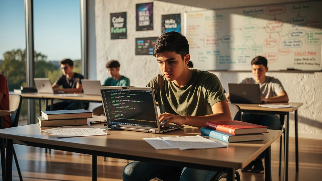 Jeune de 17 ans concentré en formation de code en présentiel avec ordinateur et notes en classe moderne