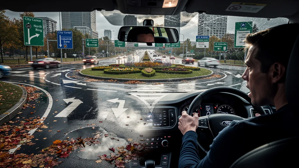 Conducteur paniqué face à un rond-point à cinq sorties complexe sous la pluie en milieu urbain