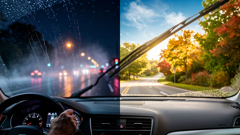 Comparaison hyper-réaliste conduite de nuit et de jour avec pare-brise nettoyé pour meilleure visibilité