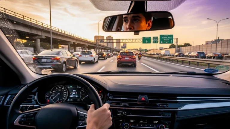 Moment hyper-réaliste d’un conducteur hésitant à s’insérer de la ville sur l’autoroute, protocole comparaison cours