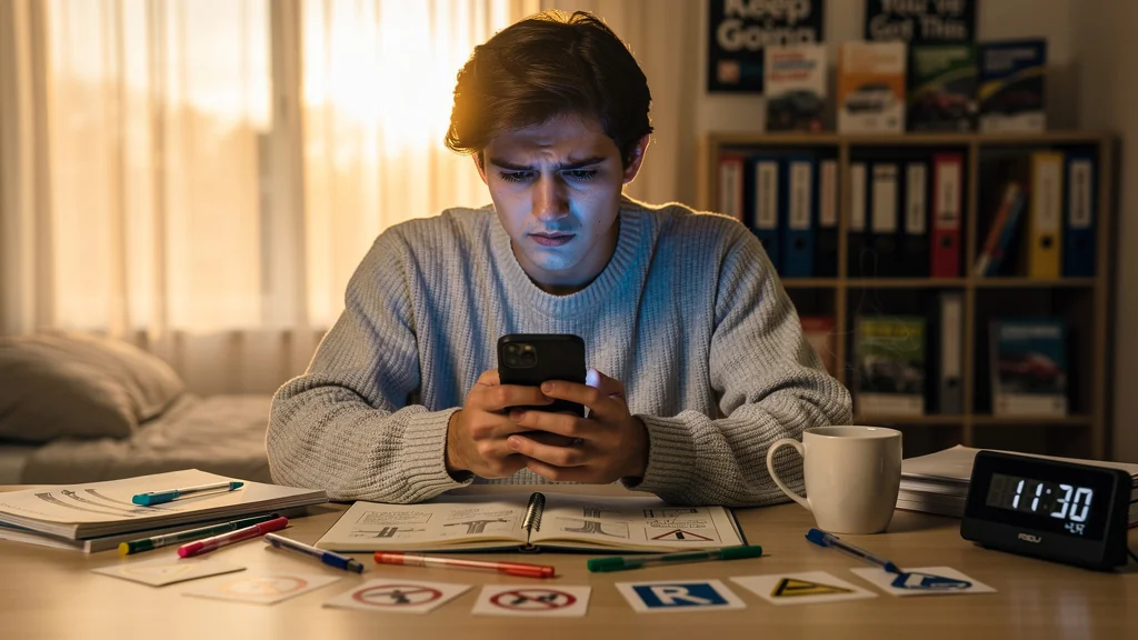 Jeune adulte utilisant une appli de révision du code, améliorant ses résultats avec concentration et détermination