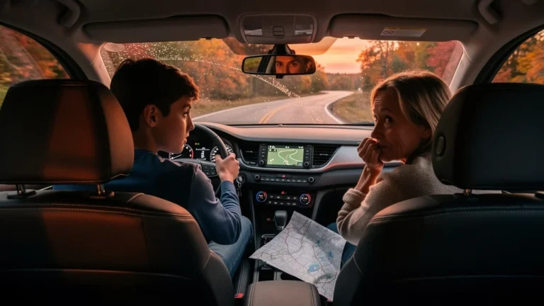 Conduite accompagnée avec un parent stressé après 3000 km sur une route de campagne au coucher du soleil