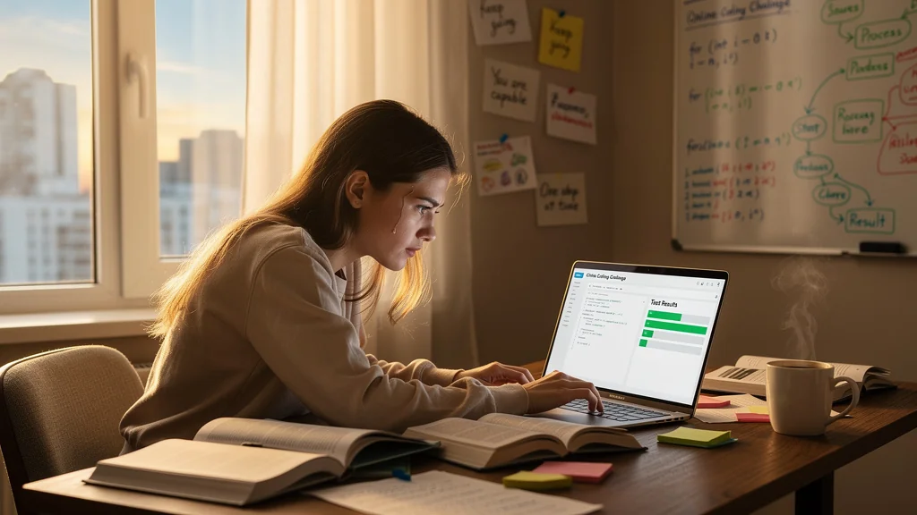 Étudiante concentrée utilisant un boîtier de code en ligne pendant 4 mois avant l’examen, ambiance studieuse réaliste