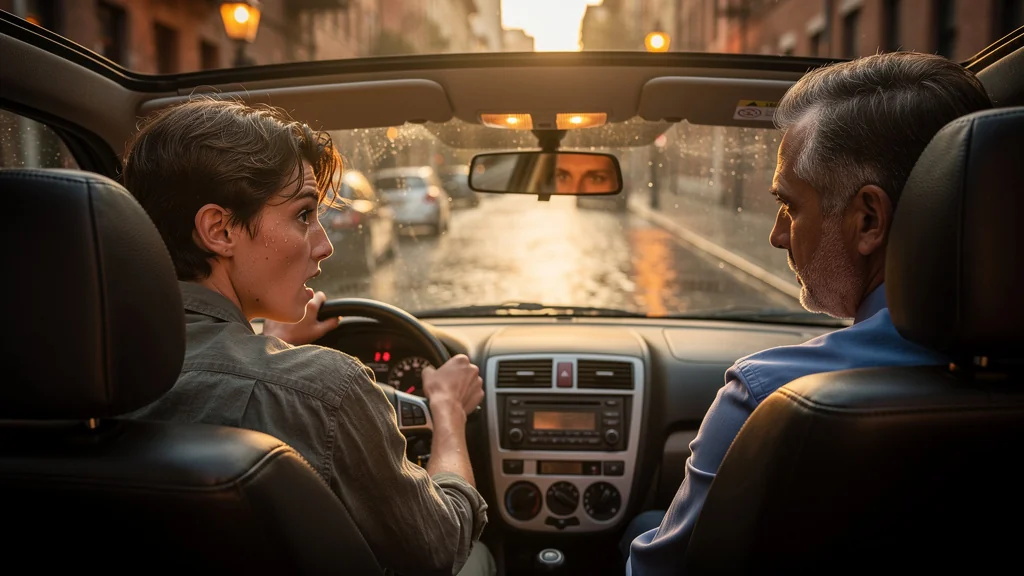 Regard intense du contrôleur pendant que le conducteur cale en démarrage en côte, scène d'anxiété au volant