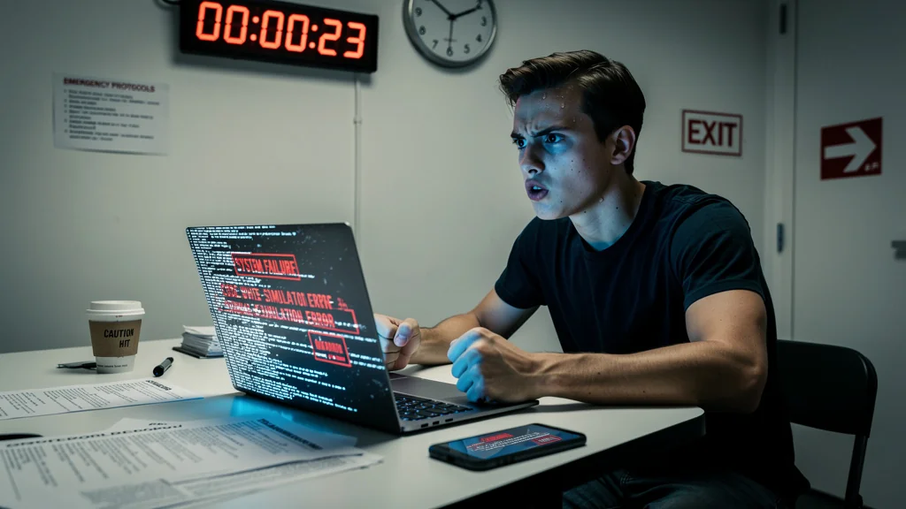 Stress intense du code blanc avec écran planté en plein examen informatique critique