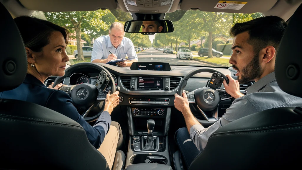 Volant pédagogique double commande bloqué testé par trois moniteurs en pleine leçon de conduite