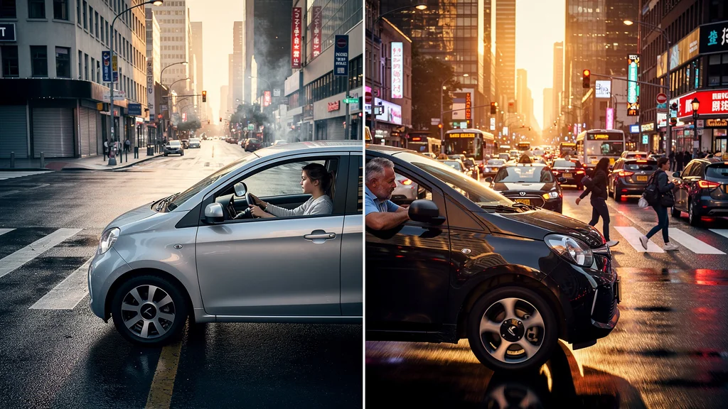Comparaison réaliste des cours de conduite à 6h du matin et à 17h en ville avec ambiance et trafic distincts