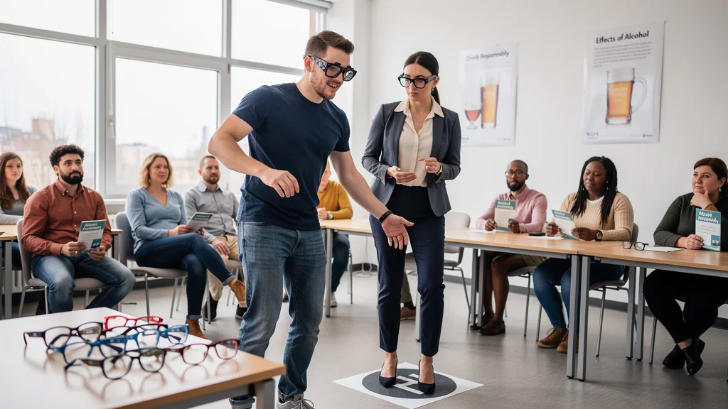 Personne testant lunettes de simulation alcool en stage de sensibilisation au risque alcool