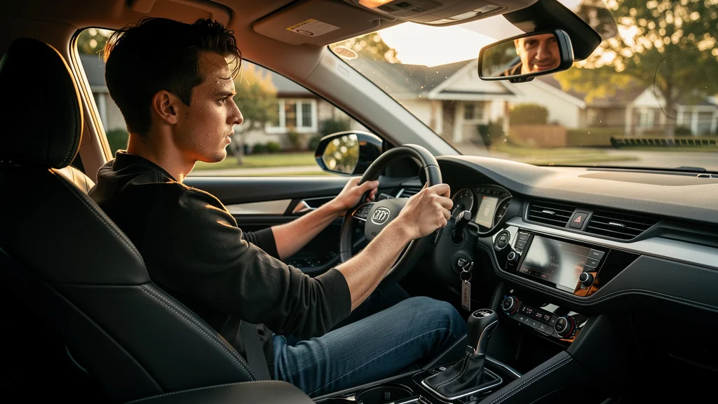 Homme concentré lors d’une formation 7h pour passer de boîte auto à manuelle, intérieur voiture détaillé
