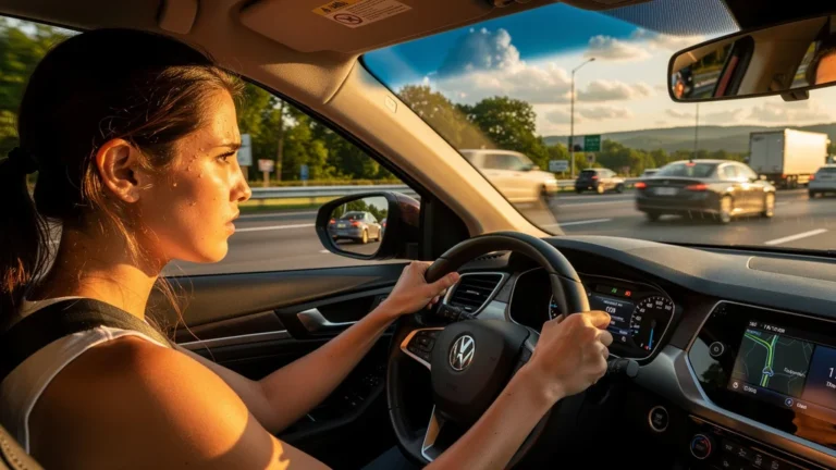 Jeune femme stressée conduisant pour la première fois sur autoroute sud, entre panique et apprentissage
