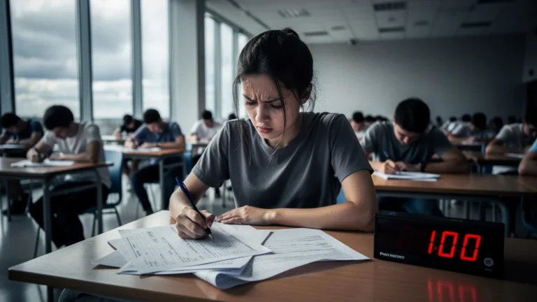 Jeune femme stressée en salle d'examen face à un code blanc, émotions et timing intenses capturés