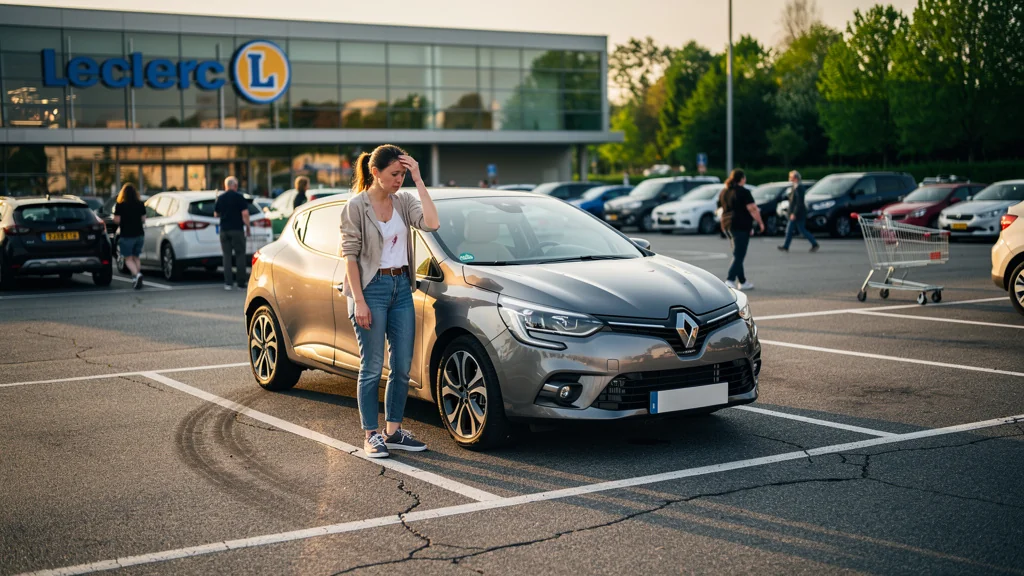 Jeune femme stressée après avoir raté trois fois son créneau au parking du Leclerc