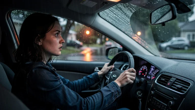 Conductrice paniquée sous la pluie lors de l’examen de conduite, stress dû à l’inexpérience pluvieuse