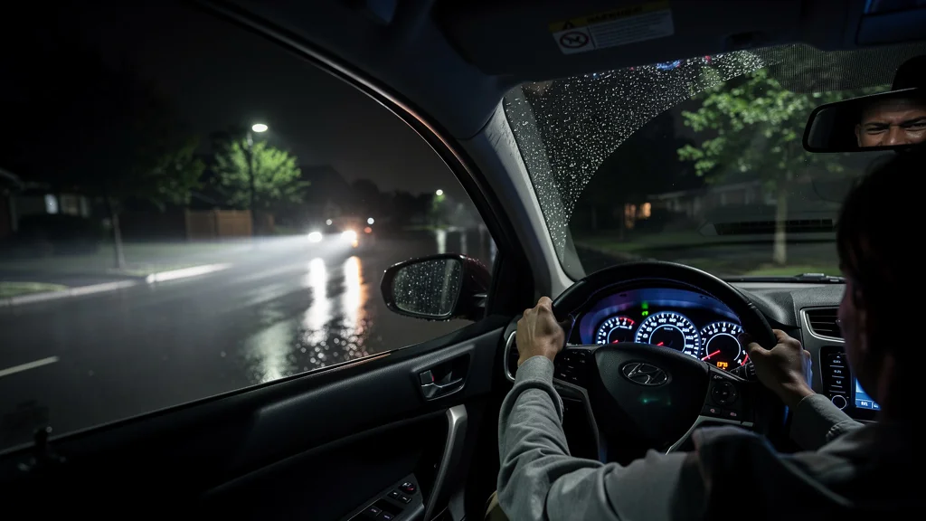 Jeune conducteur inquiet face à des phares éblouissants la nuit, symbole du manque d’expérience en conduite nocturne