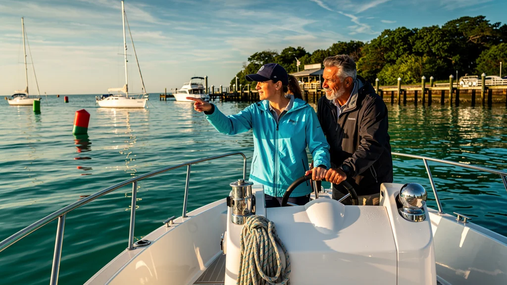 Jeune adulte réussissant son permis bateau côtier en 2 jours intensifs sur un bateau moderne en mer calme