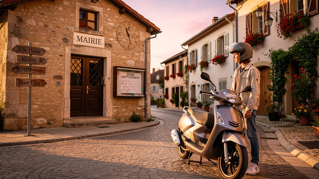 Jeune réfléchissant entre passer le BSR maintenant ou attendre le permis AM 2026 dans un village.