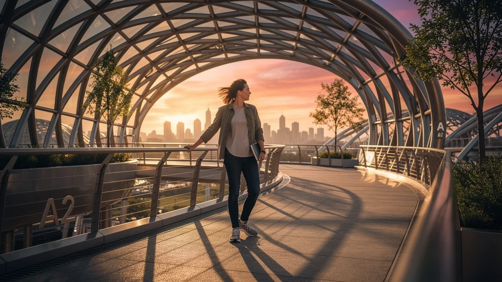 Jeune adulte sur passerelle moderne symbolisant la transition indispensable de A2 vers A après 2 ans