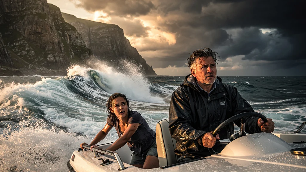 Homme et femme en bateau côtier en mer agitée démontrant l'importance du permis côtier en 2026