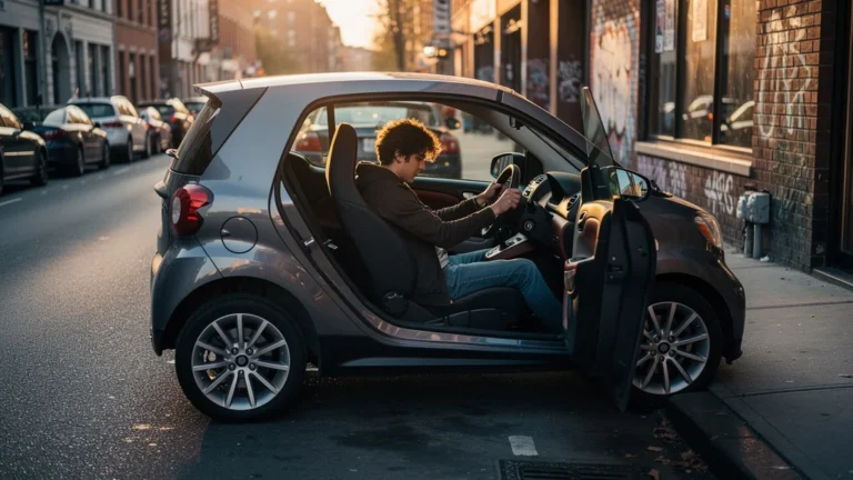 Jeune conducteur stressé après avoir raté son premier créneau, moment de tension et de frustration intense