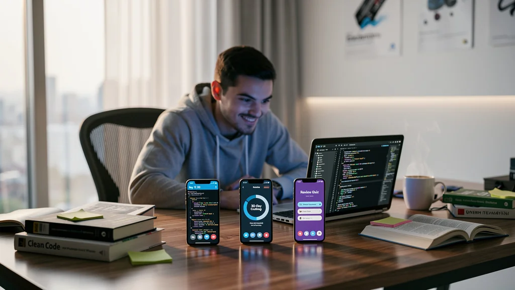 Jeune programmeur testant trois applis de révision du code pendant 30 jours dans un bureau moderne