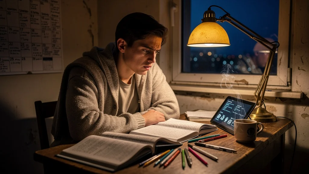 Homme étudiant le code de la route le soir, frustré de stagner à cinq fautes, ambiance nocturne réaliste