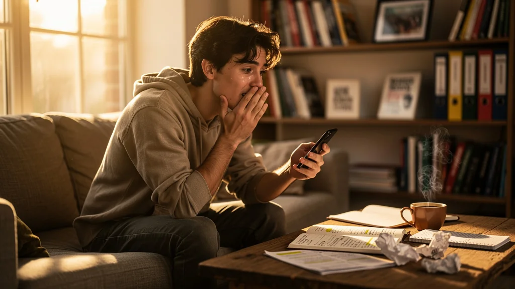 Jeune adulte ressentant un soulagement intense en recevant son résultat de code après dix jours d’attente