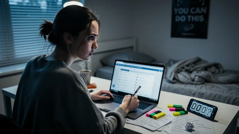 Jeune femme stressée devant son écran le matin de son examen du code de la route