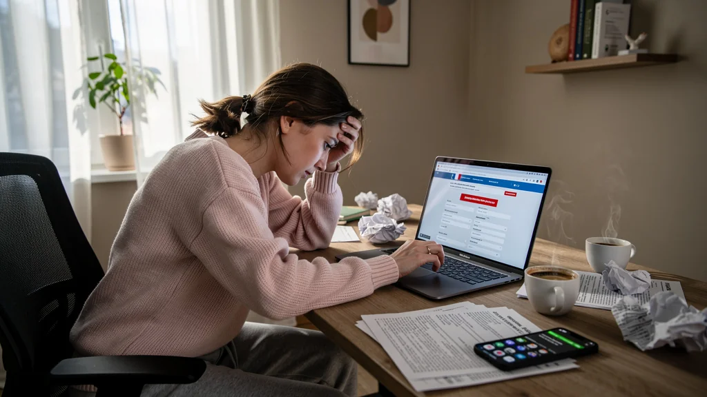 Femme stressée devant son ordinateur, bloquée sur la création de son dossier ANTS en ligne
