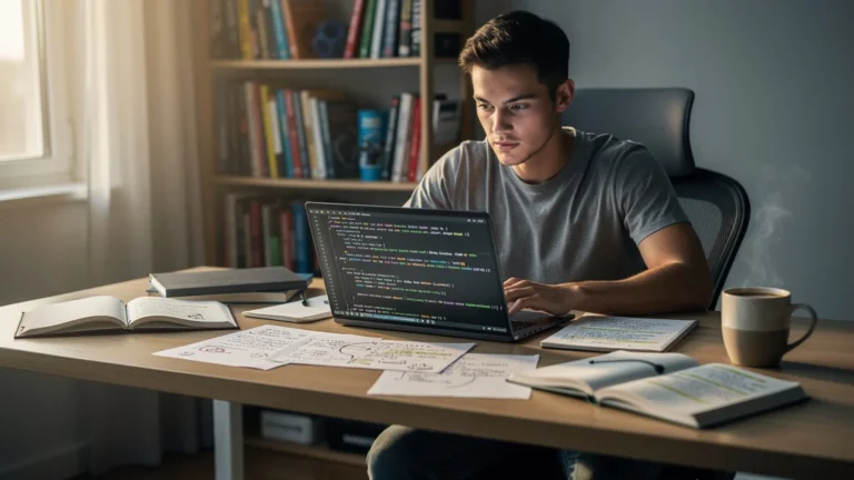 Jeune adulte concentré préparant le code, notant ses erreurs par thème avec détermination et focus intense