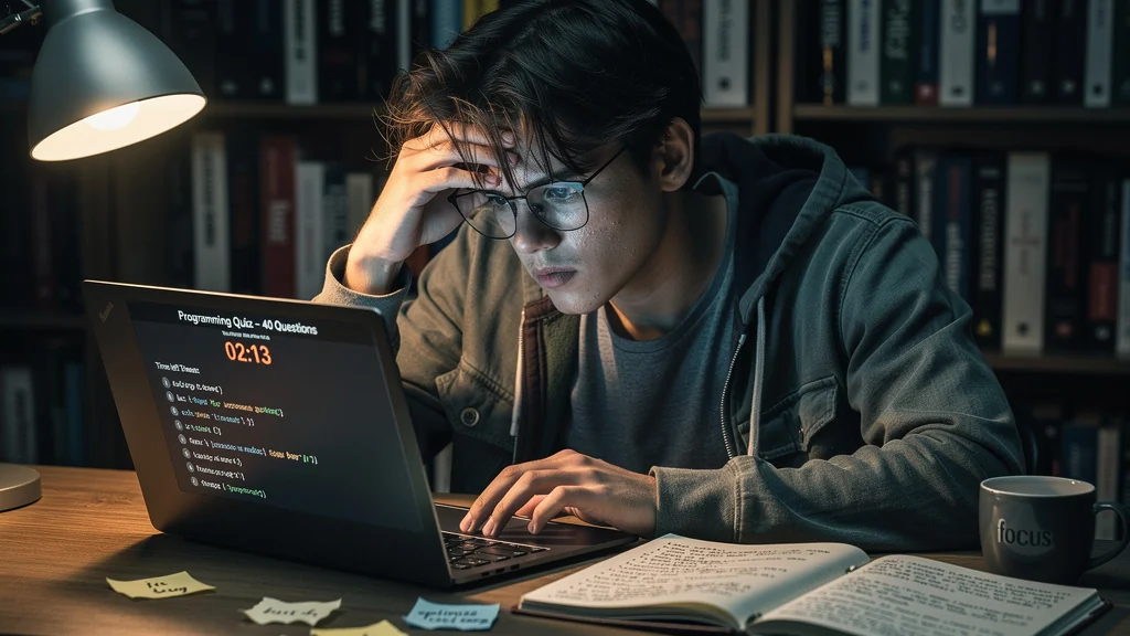 Personne fatiguée mesurant son temps de réponse au code blanc sur quarante questions chronométrées