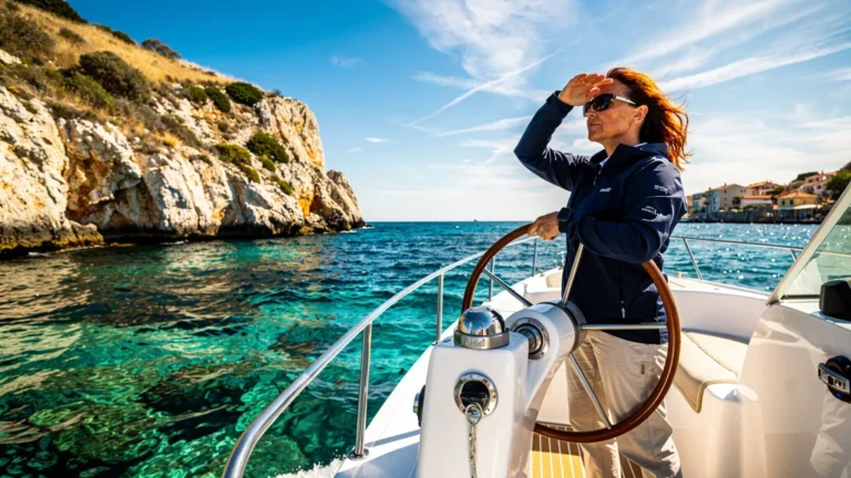 Sailor on coastal boat in Mediterranean sea illustrating opinion on coastal boating license before fluvial