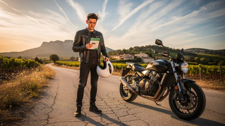 Jeune motard près de Perpignan lors de son premier examen théorique moto, moment de compréhension clé