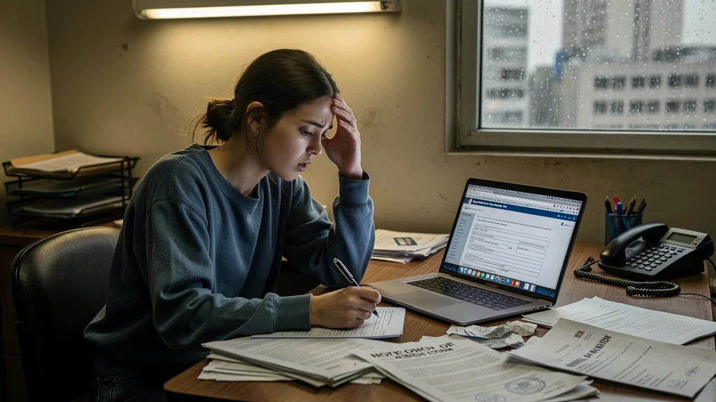 Jeune femme stressée face à des papiers administratifs bloquant son dossier permis à un euro