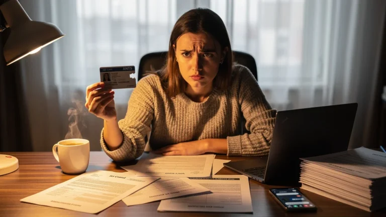 Jeune femme frustrée à son bureau avec carte d’identité mal scannée retardant inscription ANTS
