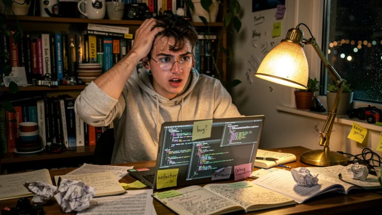 Jeune étudiant découvrant qu’il révise le code dans le désordre depuis un mois, scène réaliste et détaillée