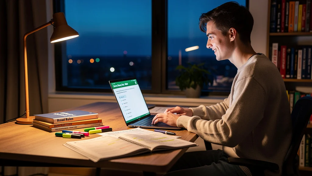 Jeune adulte concentré préparant le code de la route après un premier échec, ambiance studieuse et optimiste