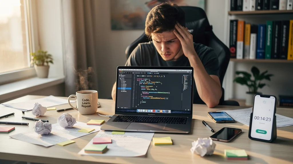 Programmeur concentré révisant le code en bloc long, ambiance studieuse réaliste et détaillée