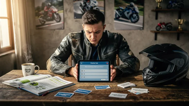 Préparation intensive quinze jours examen théorique moto avec questions pièges, étude concentrée et casque
