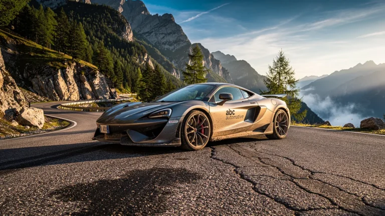Voiture abc automotive brillante après 1000 km de test sur route de montagne en lumière dorée