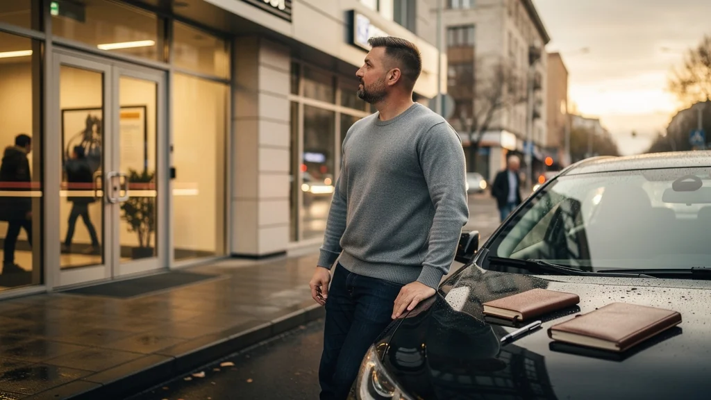 Homme accompagnant son neveu à sa première inscription au permis devant une auto-école moderne